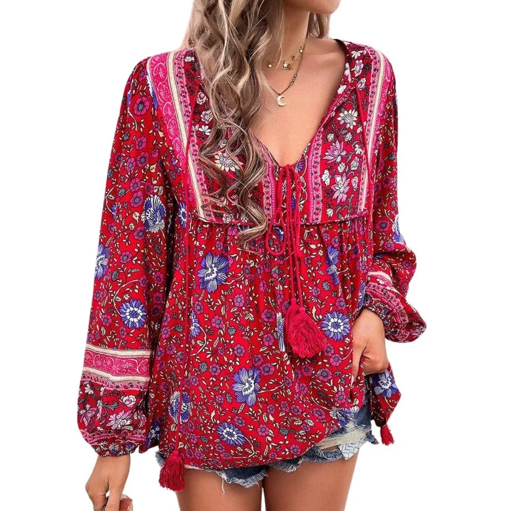 Floral Boho Top Long Sl Blouse Print Cross Deep V Size S Beautiful Red Blue Pink - Picture 3 of 3